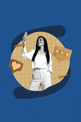 Exclusive image vertical photo collage of happy girl hold phone receive like notification social...