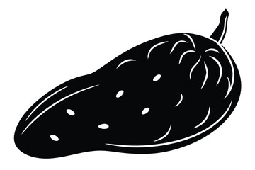 Single black silhouette of cucumber with stem and slight surface details stands upright