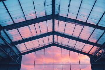 Fototapeta premium Interior view of a large metal building's glass roof.