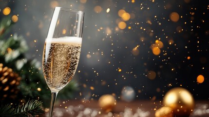 A glamorous champagne glass filled with bubbly drink, surrounded by shimmering bokeh lights, evoking a festive atmosphere perfect for celebration and joyful occasions.
