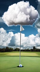 A golf ball is in a hole on a green field. A flag is sticking out of the hole