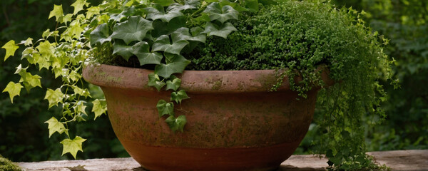 Fototapeta premium A small potted plant sits peacefully on a ledge, surrounded by empty space