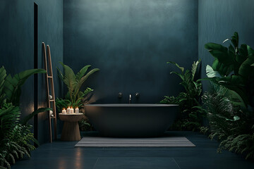 Dark Green Tropical Bathroom Interior Design with Black Bathtub