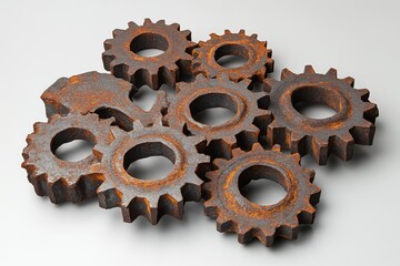 Interlocking rusty gears, showcasing intricate mechanical detail and aged texture.