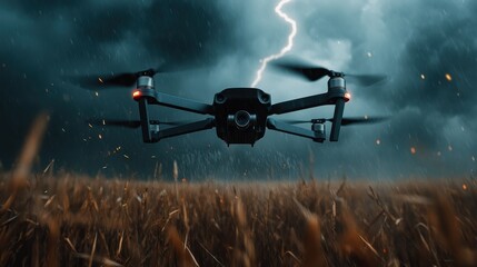 A sleek drone navigates through an ominous storm with lightning striking in the background, capturing breathtaking aerial footage during extreme weather conditions, showcasing technology's power.