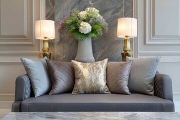 Elegant Gray Sofa with Gold Accents and Floral Arrangement