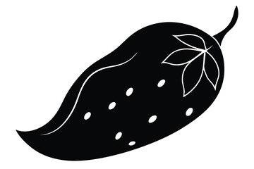 A stylized strawberry icon shows white seeds and white sepals against a solid black shape