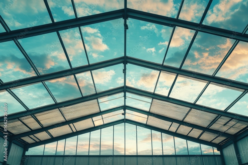 Poster skylight structure with metal framework and clouds.