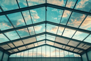 Skylight structure with metal framework and clouds.
