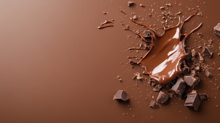 An artistic splash of rich, melted dark chocolate surrounded by cacao pieces, depicting indulgence and passion for chocolate, enhancing the appeal for gourmet delights.