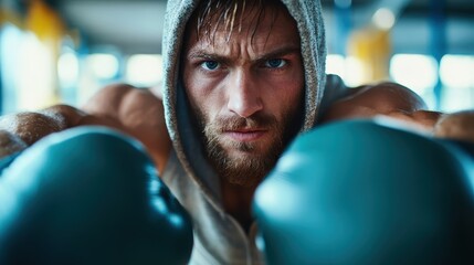 A determined boxer, clad in a hoodie and gloves, intensely focuses on his training, exemplifying strength, dedication, and the relentless pursuit of excellence.