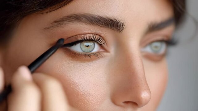 Detailed view of young woman with green eyes enhancing her makeup using a black brush near the lash line, showcasing beauty and cosmetic precision