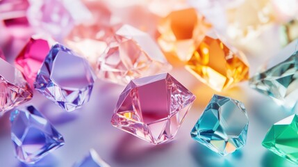 Colorful gemstones, multifaceted and vibrant, scattered on a soft light background. A spectrum of hues, including pinks, blues, oranges, and purples, create a dazzling display of cut crystals