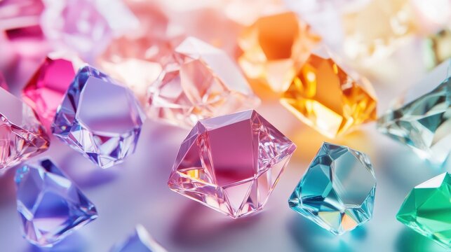 Colorful gemstones, multifaceted and vibrant, scattered on a soft light background. A spectrum of hues, including pinks, blues, oranges, and purples, create a dazzling display of cut crystals