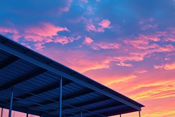 Obraz premium Colorful sunset sky above a metal shelter.