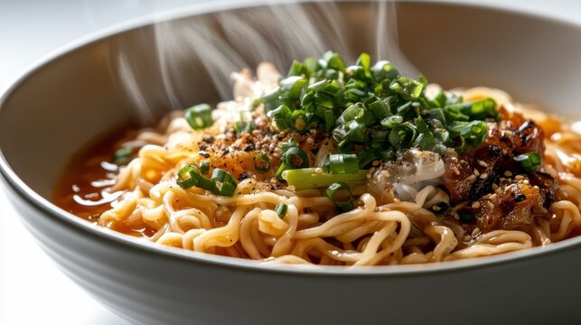 A steaming bowl of flavorful noodles topped with fresh green onions and sesame seeds, representing comfort food while inviting hunger and satisfaction in a cozy setting.