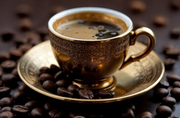 Fototapeta premium Gold Espresso Set. Ornate gold espresso cup and saucer with coffee, surrounded by roasted beans on dark background. Luxury coffee concept