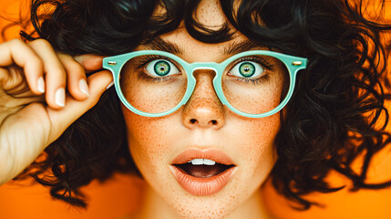 Jeune femme tenant ses lunettes surprise 