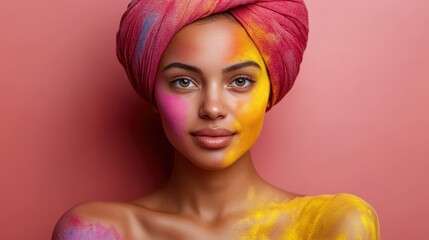 A striking portrait of a woman with vibrant colors smeared across her face, symbolizing joy and creativity, showcases the artistic expression during a festival or celebration.