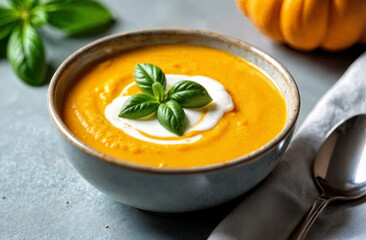 Pumpkin Soup Bowl. Creamy orange pumpkin soup with cream dollop and basil garnish. Whole pumpkin in background with napkin and spoon.
