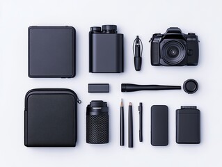 Dark, modern tech accessories, arranged