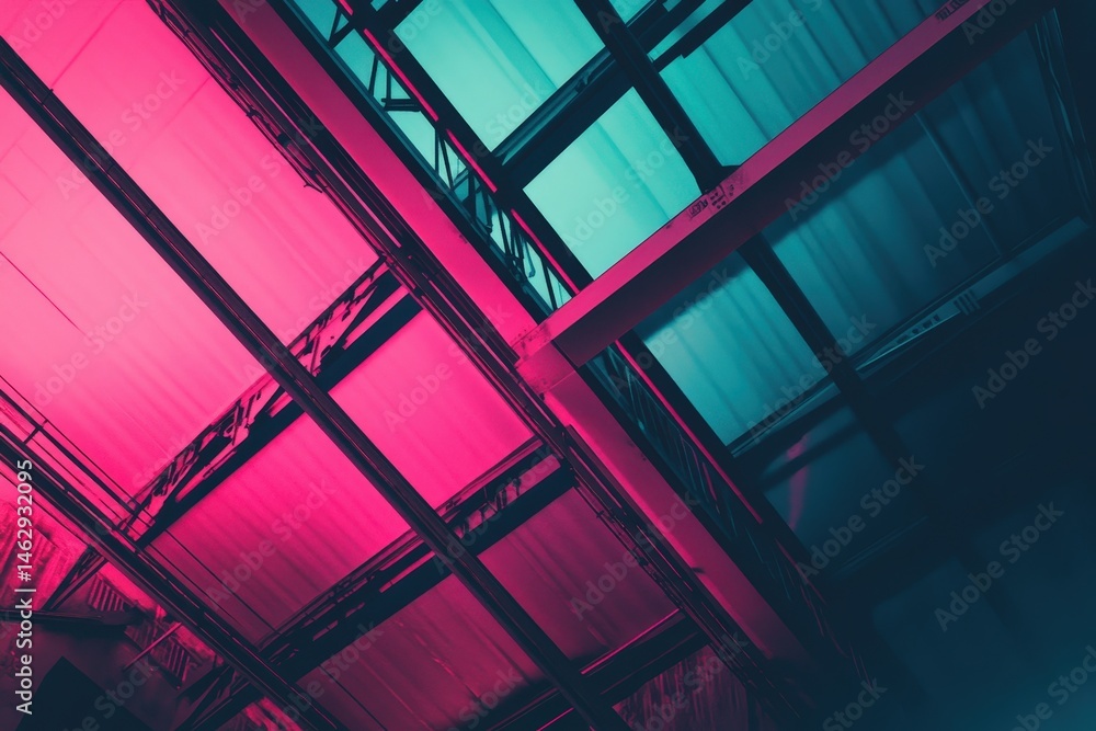 Poster abstract view of industrial ceiling structure illuminated in vibrant colors.