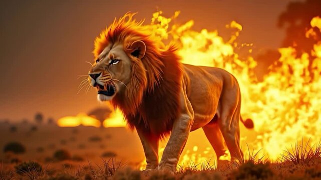 Majestic lion with fiery mane roars striding through burning savannah, flames explode from mouth, sunset sky with heat waves in background, concept of primal power and inferno
