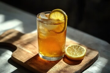 Close-up of iced tea drink garnished with lemon.