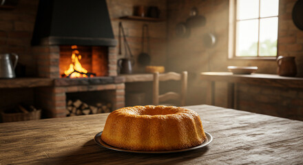 Delicious bundt cake recipe baking in rustic kitchen with fireplace and wood table top