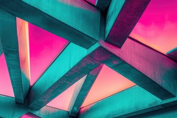 Vibrant, geometric structure of intersecting beams against a sunset sky.