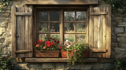 Rustic window box with flowers, shutters open, garden view, ideal for home decor ads