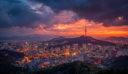 Seoul Skyline at Sunset with N Seoul Tower