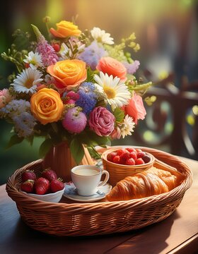 Blumenstrau&szlig; im K&ouml;rbchen mit Fr&uuml;hst&uuml;ckstablett