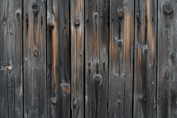 Fototapeta premium Aged wooden planks form a weathered fence. Vertical planks of dark gray wood show signs of wear and time. Knots and discolorations are visible
