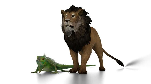 lion and iguana on white background. 3d and computer rendering animation video with 4k resolution.