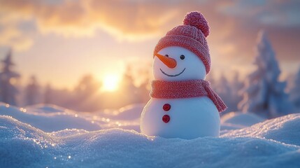 Obraz premium Smiling snowman in winter wonderland sunset