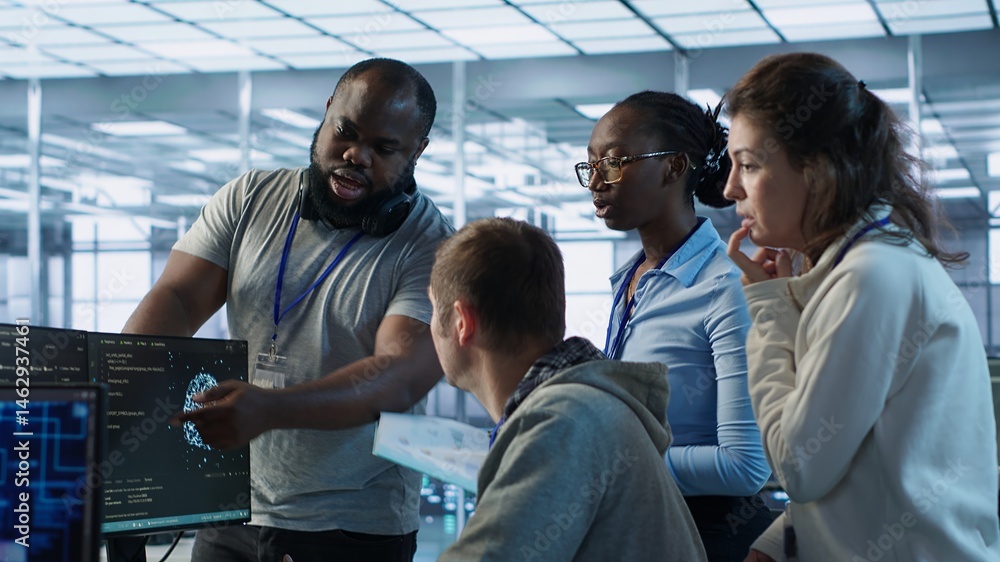 Poster technician doing brainstorming with colleagues to fix error in code affecting server room ai workloa