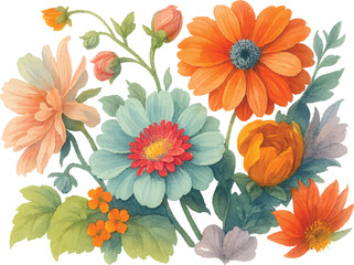 Watercolor Flower Bouquet with Vibrant Colors (PNG, Transparent Background)