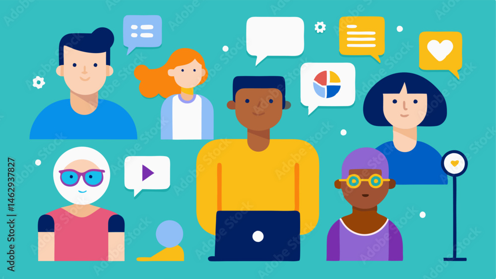 Poster inclusive community a diverse group of friends depicted on a social media platform each using differ