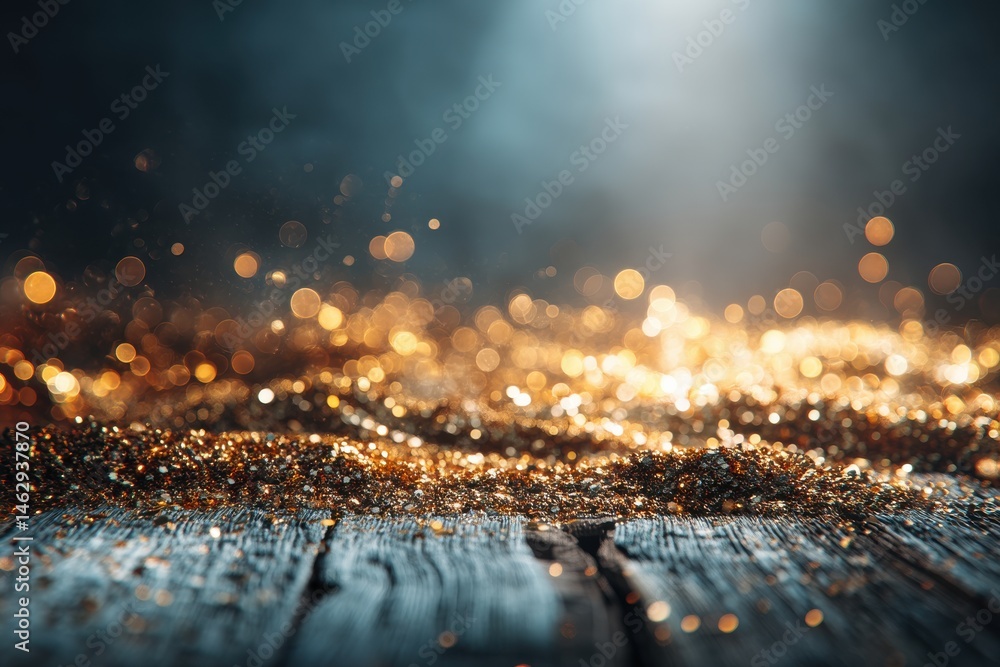 Poster festive golden glitter particles illuminated on a rustic wooden surface against a dark, moody backgr