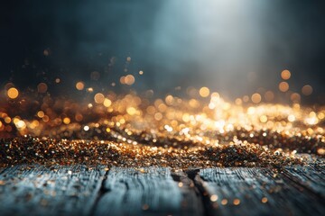 Festive golden glitter particles illuminated on a rustic wooden surface against a dark, moody background with soft bokeh lights, creating a magical atmosphere.