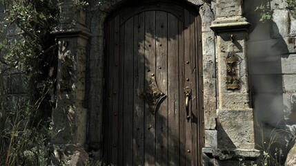 Ornate door set in stone wall. Entrance to secret garden. Use as historic detail
