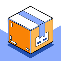 Isometric fragile box illustration in orange and white colors - transportation, logistics