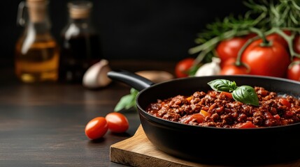 A tantalizing plate of Bolognese sauce simmers in a stylish skillet, garnished with fresh basil, highlighting the allure of traditional cooking and home-cooked meals.