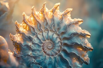 Fototapeta premium A mesmerizing ammonite fossil, showcasing intricate spiral patterns and a stunning blend of gold and teal hues.
