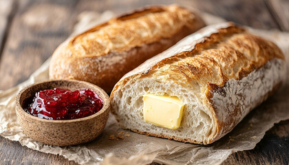 Golden Brown Crusty Bread Loaf with Butter and Jam