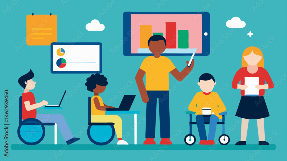 Poster inclusive education a classroom setup with students of varying abilities working together with adapt