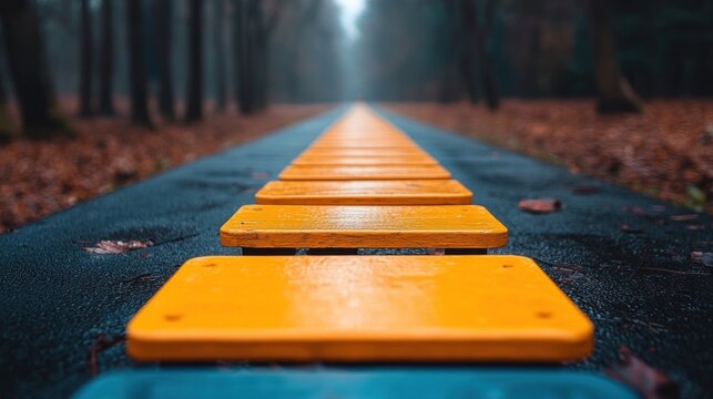 Yellow steps cutting a path through autumn leaves