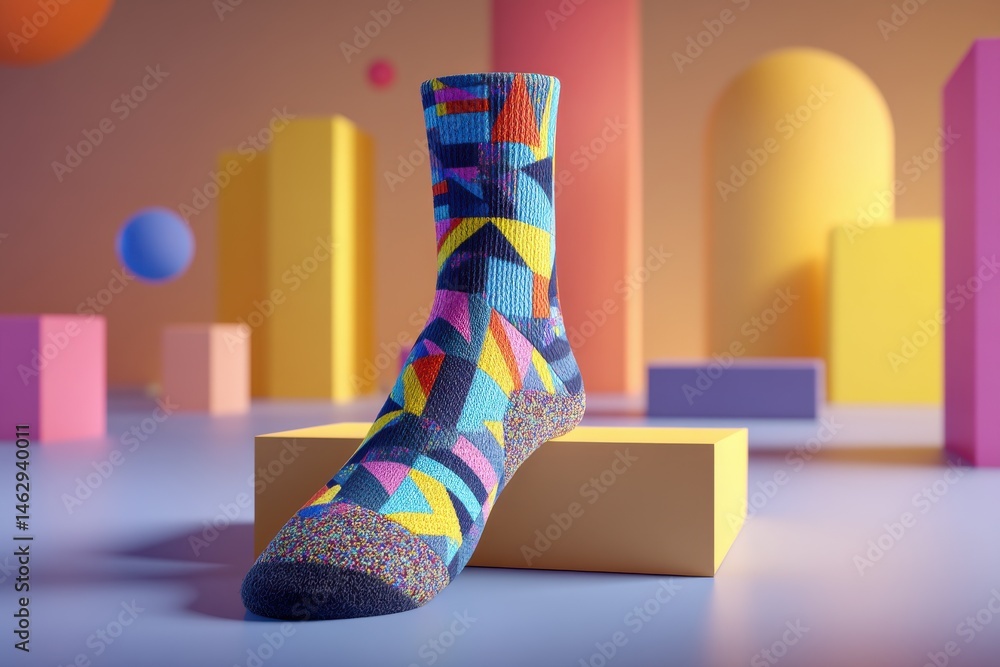 Poster a close-up of a vibrant geometric pattern sock, displaying a bold and colorful design, against an ab