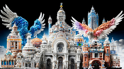 Intricate miniature cityscape with mythical creatures, architectural fusion, dramatic sky, for fantasy or architectural design